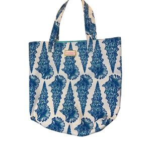 Lilly Pulitzer for Estee Lauder Canvas Tote Bag Blue Teal Seashell Print Beach